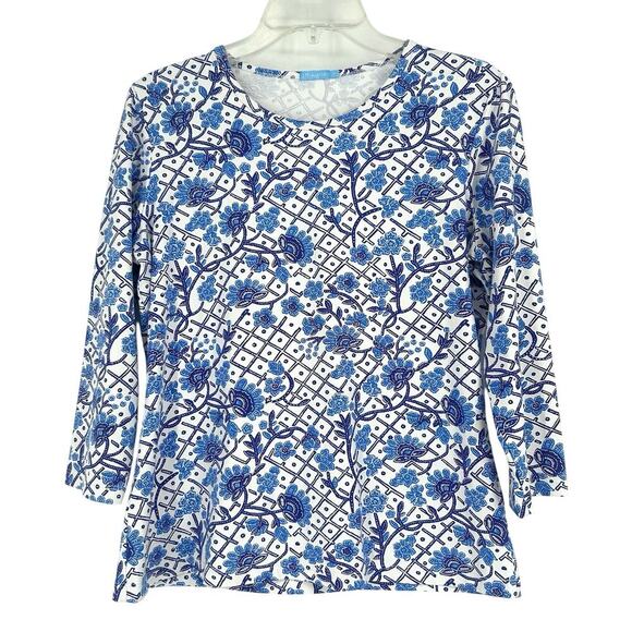 J. McLaughlin Tops - J McLaughlin Catalina Cloth Top Blue White Floral 3/4 Sleeves Stretch Size M